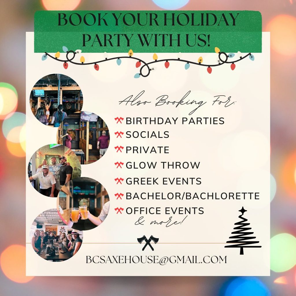 Host your holiday parties at BCS Axe House in Bryan, TX